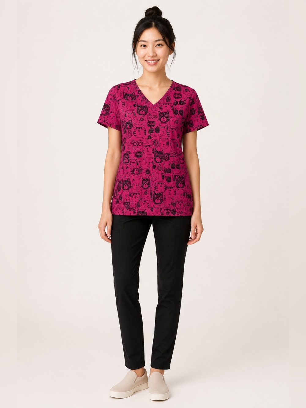 UA Butter-Soft Stretch Women’s Kitty Cat Guava Fizz Pink Scrub Top 2 Pocket